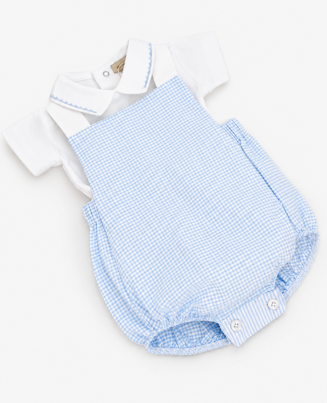 Barboteuse bébé à bretelles croisées Vichy bleu ciel